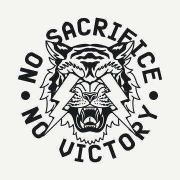 ASD 535 Black and White Lightning Eyes Tiger with No Sacrifice No Victory Slogan Vector Artwork on White Background for Apparel and Other Uses