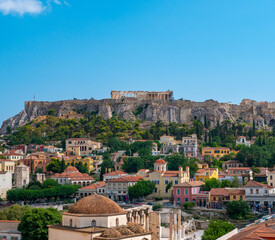 Fototapeta na wymiar Aerial panoramic view of Monastiraki square and the ancient Parthenon on Acropolis hill in Athens, Greece.
