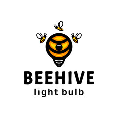 Beehive combination with light bulb in white background, template vector logo design