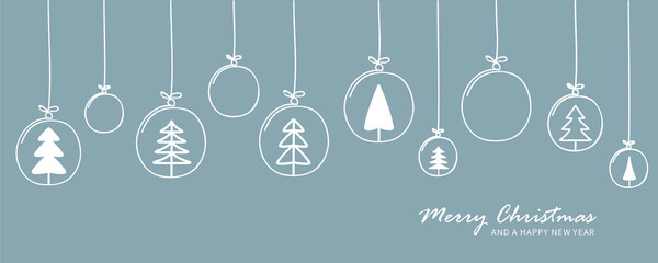 christmas card with fir tree golden balls hanging decoration