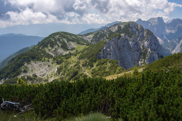 View from Debela Peč. Peak in the Julian Alps, Slovenia, august 2020. Horizontal, color photo.