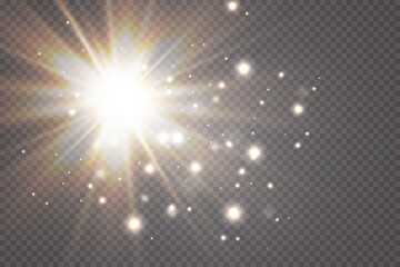 Transparent Golden Glow light effect. Star burst with sparkles