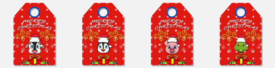 Set Collection Of Merry Christmas and  Happy New Year hand drawn label tag With Cute  Head Character Design. Owl, Cow, Pig and Crocodile.  Vector and Illustration.