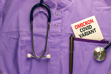 Covid-19 omicron strain variant symbol. Medical uniform, white card with words Omicron covid...