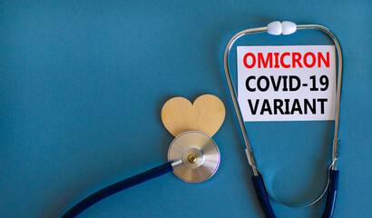 New Covid-19 omicron variant strain symbol. White card, words Omicron covid-19 variant,...