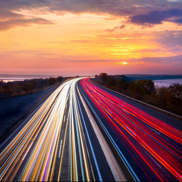 Trails  of cars lights on the asphalt road. Sunset sundown time. Drive forward! Transport creative background. Long exposure, motion and blur.
