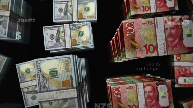 American Dollar and New Zealand Dollar money exchange. Banknotes pack bundle. Concept of trade, economy, competition, crisis, conflict, rivalry and finance. Notes loopable seamless 3d.
