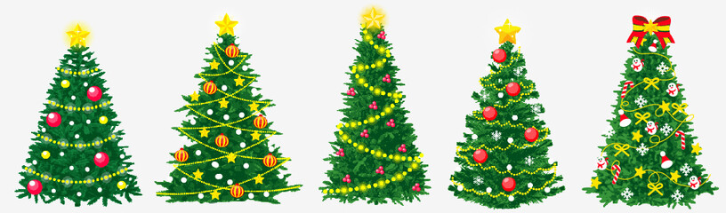 Christmas tree set silhouette with decorations, vector illustration isolated on white background, template for design, greeting card, invitation.