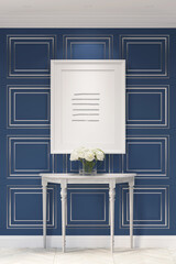 Classic room with a vertical illuminated poster on a dark blue wall panel, white peonies in a glass vase on a white wooden console, white parquet floor, build-in ceiling lights. Front view. 3d render