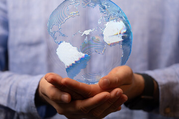 Communication technology global world network concept. Connection lines Around Earth Globe, Motion of digital data flow