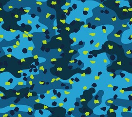 
Blue camouflage texture vector pattern with yellow spots, trendy background