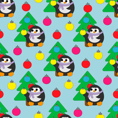 Seamless vector pattern with cute cartoon penguin with Christmas tree and toys