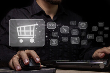 Digital shopping cart carrying out online shopping. The modern way of shopping without leaving your home. Smart e-commerce app, internet banking payment and technology bring convenience to lifestyle.