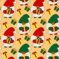 Seamless vector pattern with cute cartoon Gnomes and gift box