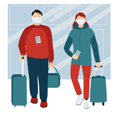 Passengers wearing protective masks present their health passports to confirm vaccination. Vector color illustration.