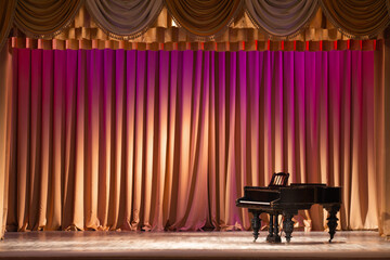 illuminated by lights stage with backstage and decorative columns, there is an old grand piano
