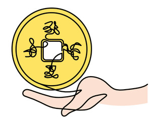 Abstract chinese coin as continuous lines drawing on white background. Vector	