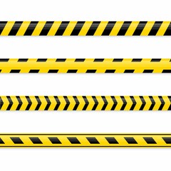 Set of seamless yellow and black warning tapes isolated on white background. Police insulation line, signs of danger, do not cross, warning, caution. Barricade construction tape. Vector illustration