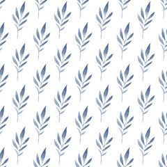 Watercolor blue leaves on a white background. Abstract pattern.