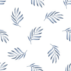 Watercolor blue leaves on a white background. Abstract pattern.