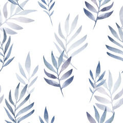 Watercolor blue leaves on a white background. Abstract pattern.