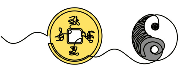 Abstract chinese coin as continuous lines drawing on white background. Vector	