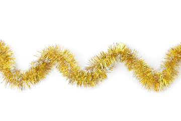 Shiny golden tinsel isolated on white, top view