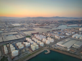 Barcelona industrial area and Harbor, Aerial view at sunset,Catalonia, Spain
