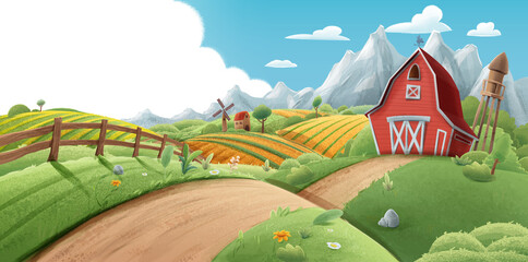 illustrated landscape of a farm for background spring - 472078996