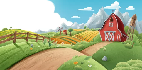 Gordijnen illustrated landscape of a farm for background spring © mollicart