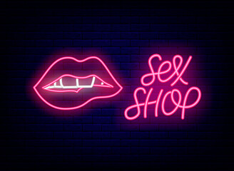 Neon lips sign. Sex shop lettering. Night bright promotion. Intimate items store. Vector stock illustration - obrazy, fototapety, plakaty