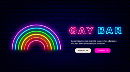 Gay bar neon logo with rainbow. Landing page template. Mobile flyer. Homosexuality concept. Vector stock illustration