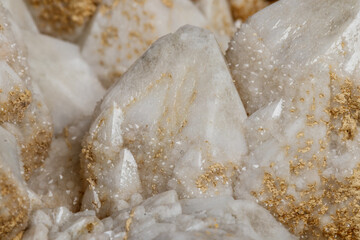 Macro mineral stone Snow quartz with calcite on a black background