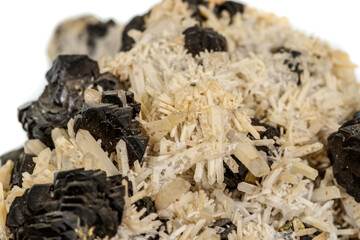 Macro stone mineral Pyrrhotite, quartz, Sphalerite, calcite, Galena on white background