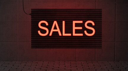 neon sign with message SALES on a dark brick wall background