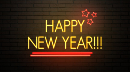 Obraz premium neon message HAPPY NEW YEAR on brick wall background