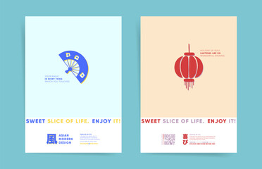Obraz premium Japan travel poster design templates set. Japanese culture minimalism simple cover for book, brochure, card background. Asian minimal travel vertical layout with blue hand fan and red chinese lantern.