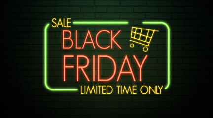 neon sign with message SALE - BLACK FRIDAY - LIMITED TIME ONLY on a dark brick wall background