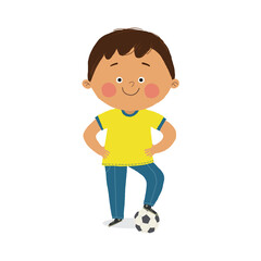 Cute hispanic boy standing with a soccer ball. Children activities. Cartoon vector hand drawn eps 10 illustration isolated on white in a flat style.