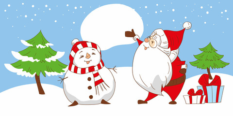 Cartoon Santa Claus with gifts, snowman in a hat and scarf,  Christmas trees, hand-drawn.