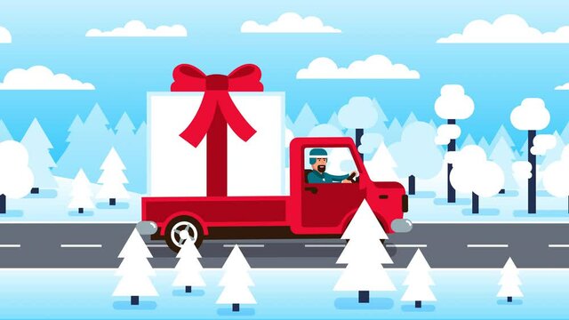 Truck carrying large gift box with red bow. Truck with Christmas gift drives through the winter forest. Looped animation