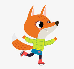 A cute little fox bear wearing a fancy clothes jacket and skirt skating on a frozen river. The foxy is having fun at the rink. Childish character illustration