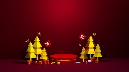 Merry christmas and happy new year with 3d empty podium and christmas ornaments 3d illstration