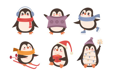 Cute christmas cartoon winter penguins on isolated background. Hand drawn characters. Vector illustration