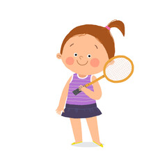 Obraz na płótnie Canvas Cute little girl standing with badminton racket. Children activities. Cartoon vector hand drawn eps 10 illustration isolated on white in a flat style.