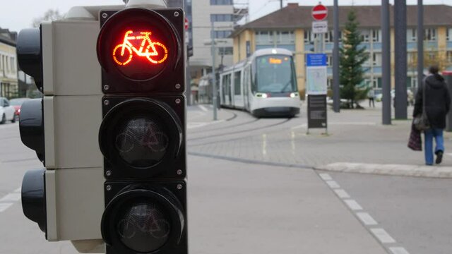 A special traffic light for cyclists that lights up in red on the city street
