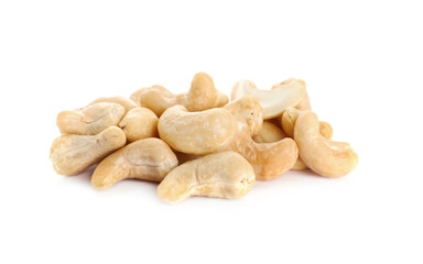 Fototapeta na wymiar Pile of tasty organic cashew nuts isolated on white