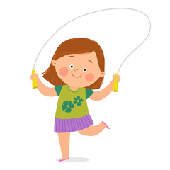 Illustration of a little girl playing skipping rope. Cartoon vector hand drawn eps 10 illustration isolated on white in a flat style.