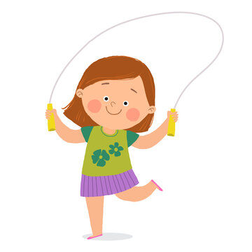 Illustration of a little girl playing skipping rope. Cartoon hand drawn10 illustration isolated on white in a flat style.