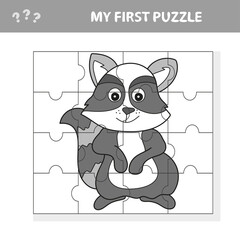 Cartoon Vector Illustration of Educational Jigsaw Puzzle Task for Preschool Children with Raccoon Animal Character. My first puzzle